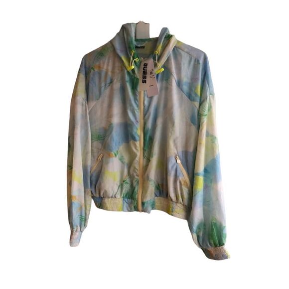 NWT GUESS Women’s Windbreaker Jacket Abstract Flowers Yellow Front Zipper Size S - Picture 2 of 6